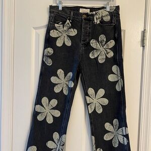 THE GREAT. Black and White Floral Flare Jeans